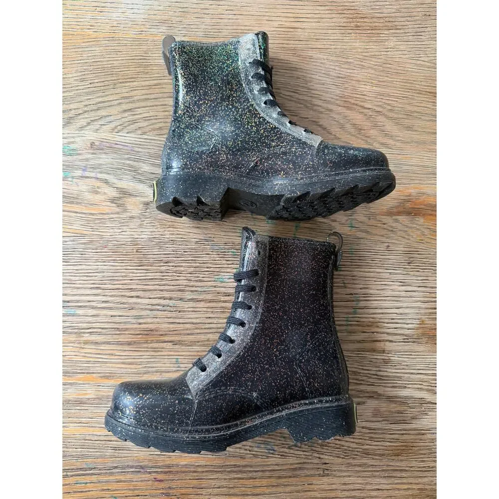 Western Chief Glitter Combat Rain Boots Kids Size 12 Black Multi